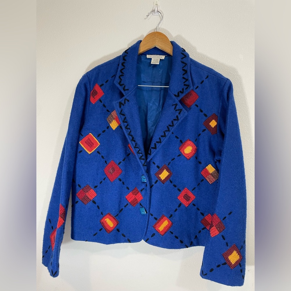 Sandy Starkman Wool Women Blue Jacket sz M Patchwork Boho Artsy Embroidery